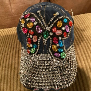 Rhinestone Denim Cap For Women and Girls, Buckle Closure, Multi Colored